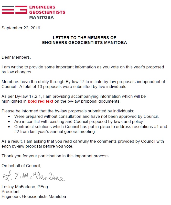 [Letter from President Lesly McFarlane, P.Eng.]