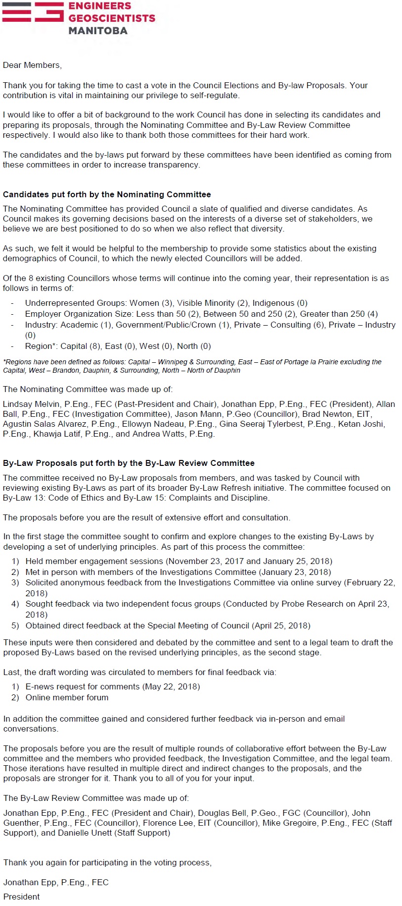 [Letter from President Jonathan Epp, P.Eng. FEC]